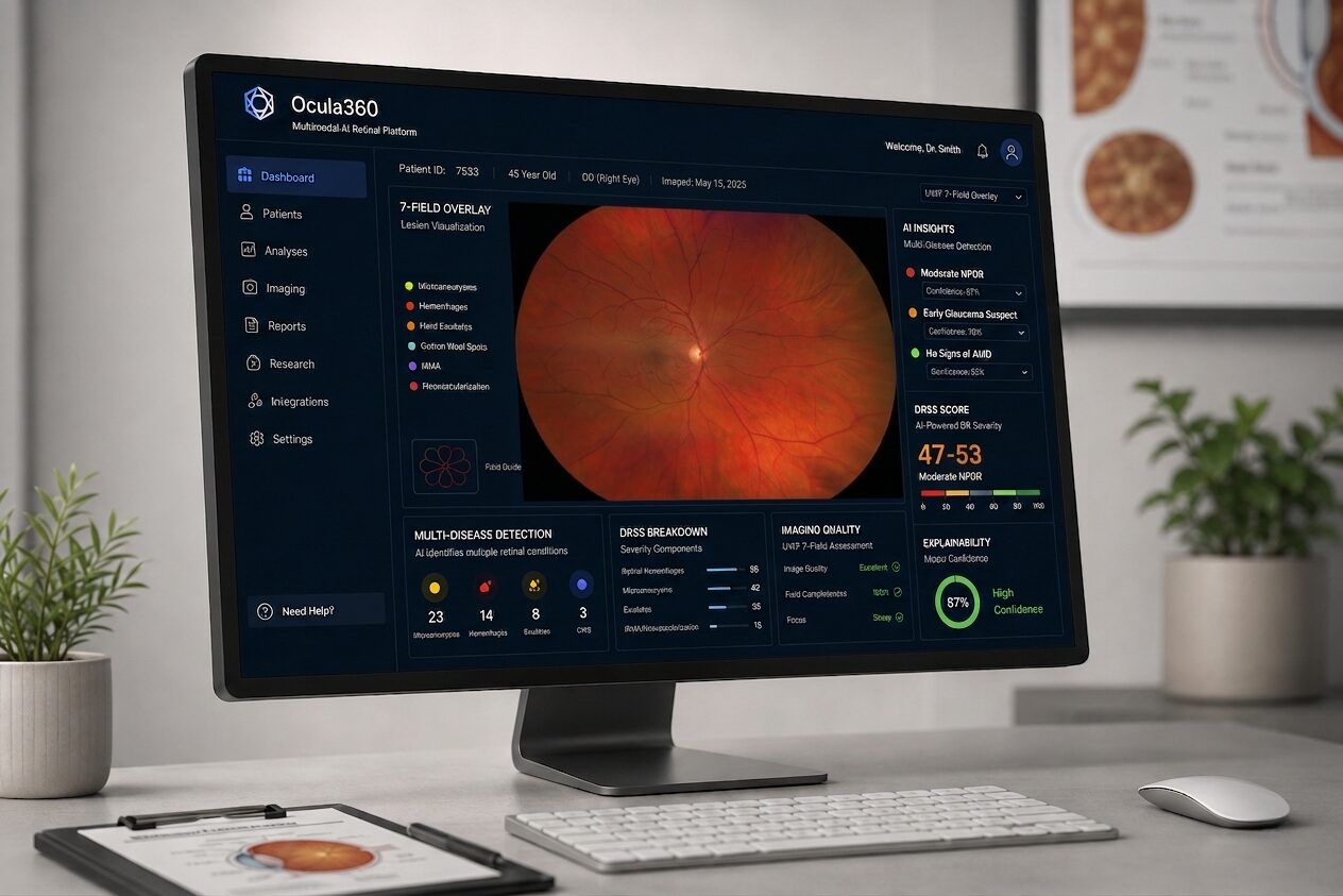 Ocula360 Multimodal AI Retinal Platform shown on a clinical workstation display